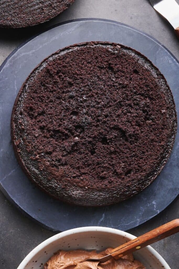 Cake layer on a dessert plate.