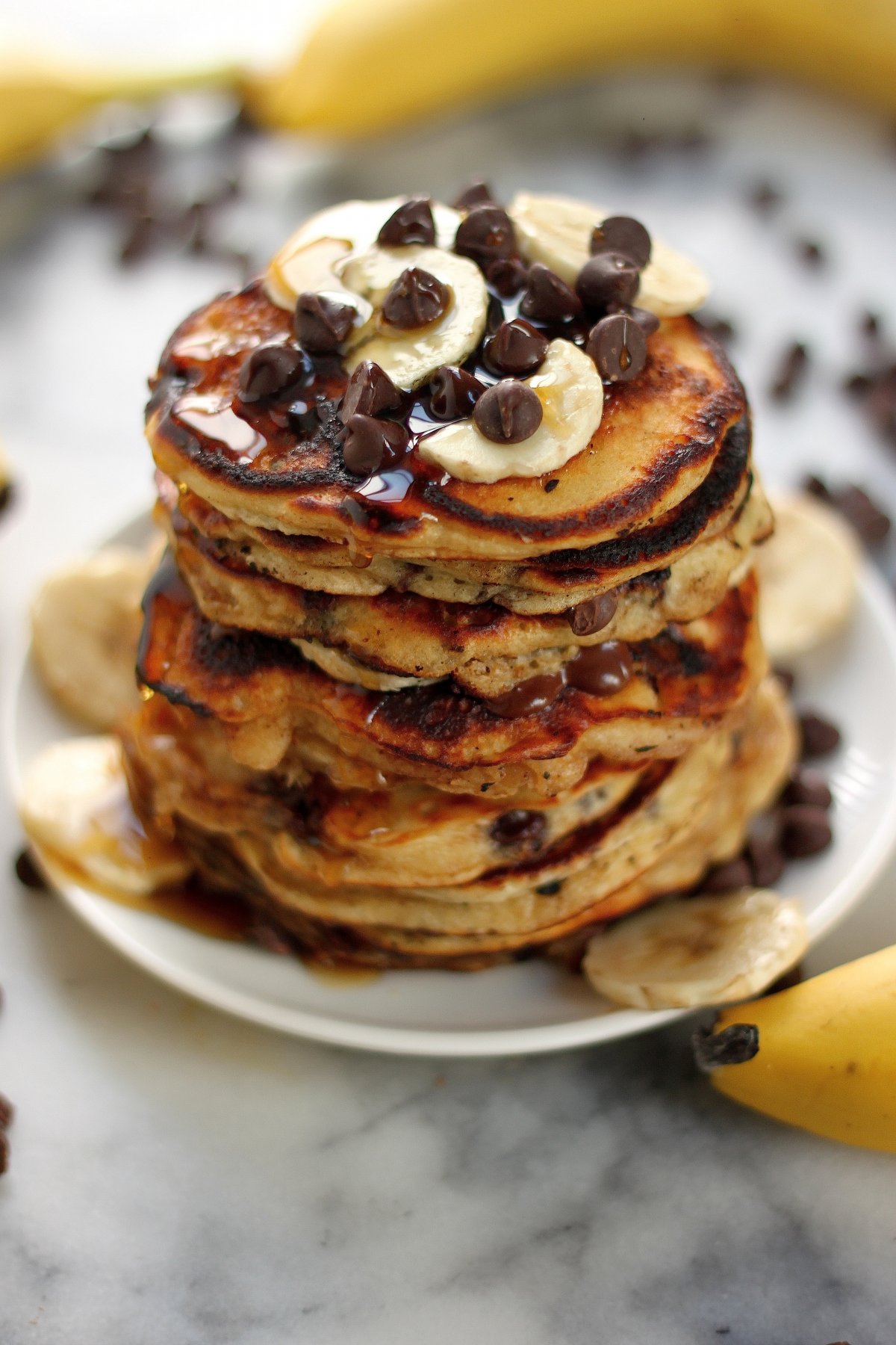 Malted Chocolate Chip Banana Pancakes - Baker by Nature