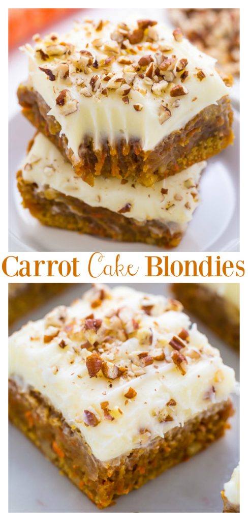 Carrot cake lovers - these are for you! All the greatness of a carrot cake in an easy-to-bake-up batch of blondies. With cream cheese frosting, of course. These Carrot Cake Blondies are definitely a keeper!