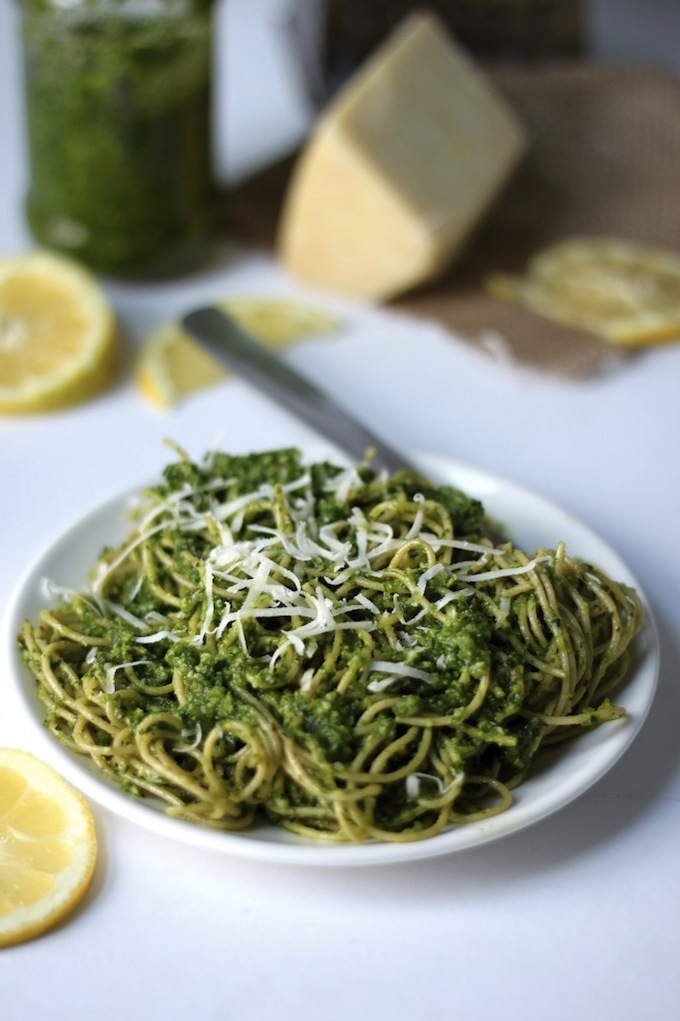 Spaghetti with Asiago Parsley Pesto - Baker by Nature