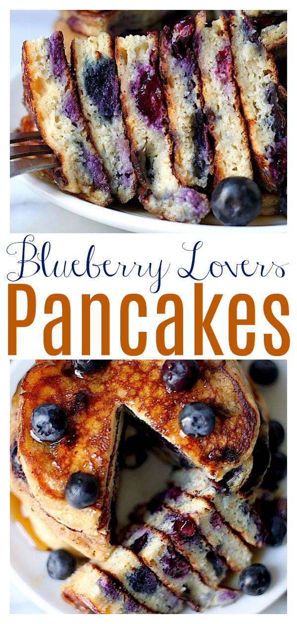 The Blueberry Pancakes of Your Dreams are thick, fluffy, and just bursting with fresh blueberries! Delicious with a drizzle of maple syrup or even ice cream! These golden brown blueberry pancakes are the perfect breakfast recipe to whip up this weekend! 