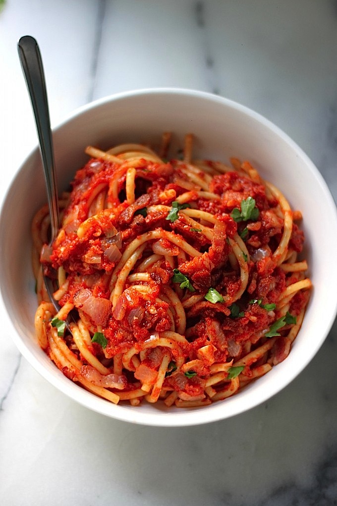 Quick and Easy Bucatini all’Amatriciana - Baker by Nature