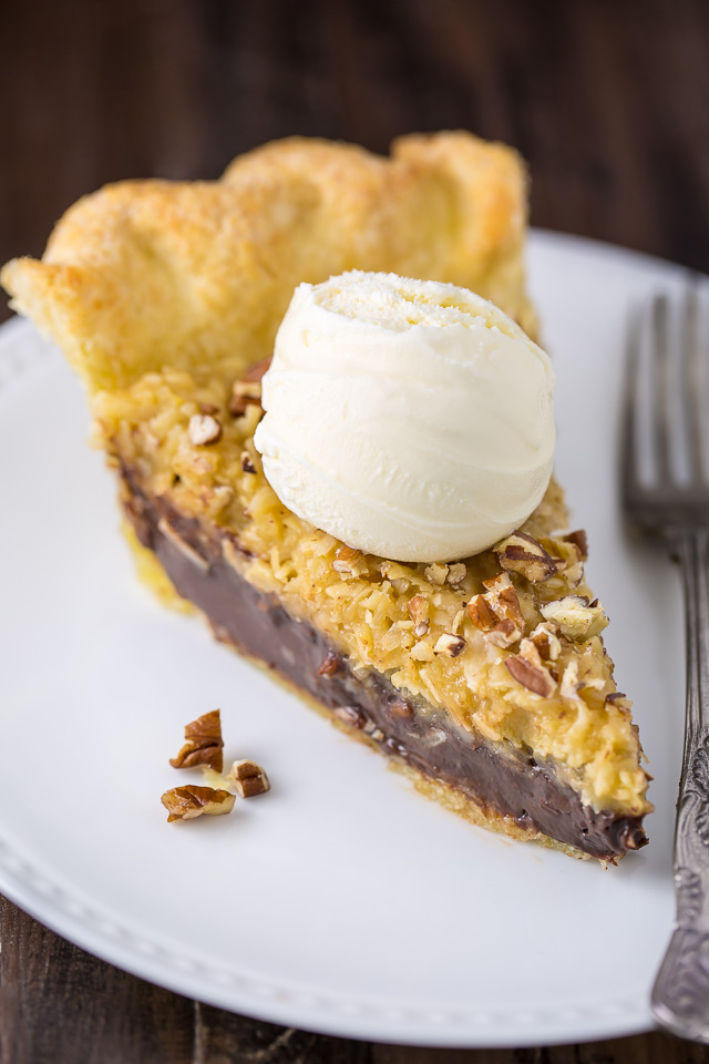 Homemade Chocolate Coconut Pecan Pie! Just one bite will have you hooked.