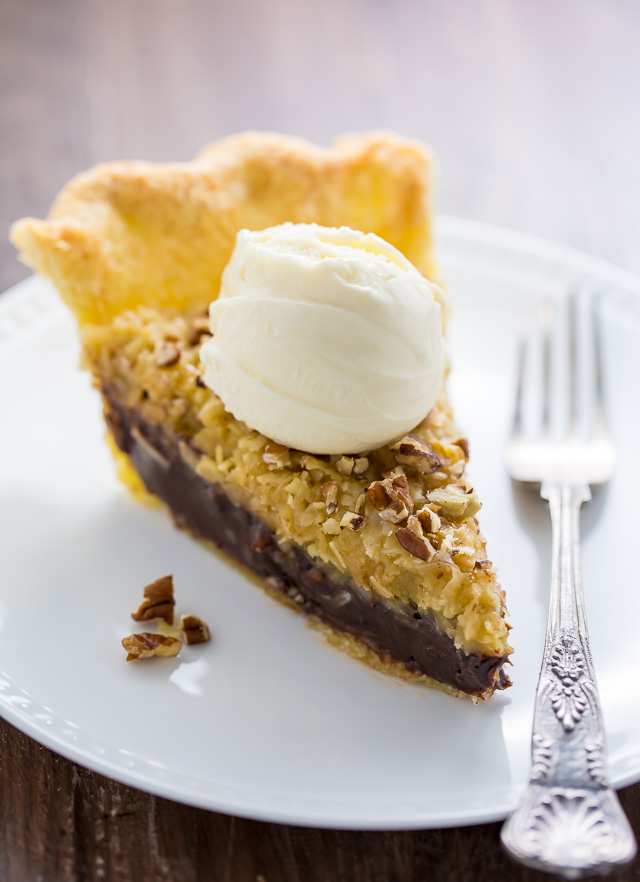 Homemade Chocolate Coconut Pecan Pie! Just one bite will have you hooked.