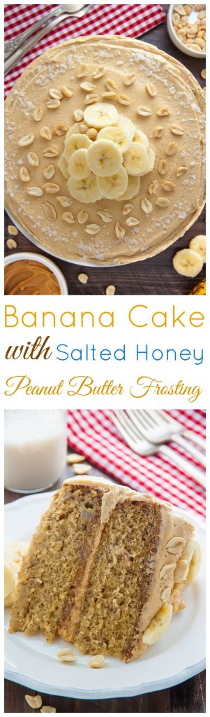 My favorite Banana Cake with Peanut Butter Frosting! A pop of honey and sea salt make it extra delicious.