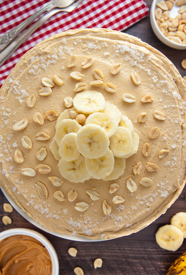 My favorite Banana Cake with Peanut Butter Frosting! A pop of honey and sea salt make it extra delicious.