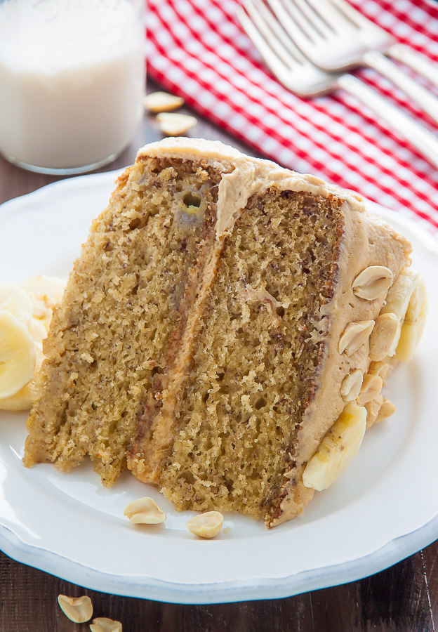 My favorite Banana Cake with Peanut Butter Frosting! A pop of honey and sea salt make it extra delicious.