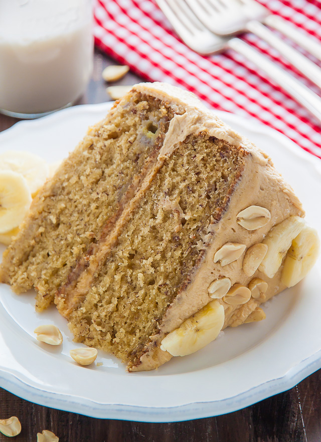 My favorite Banana Cake with Peanut Butter Frosting! A pop of honey and sea salt makes it extra delicious.