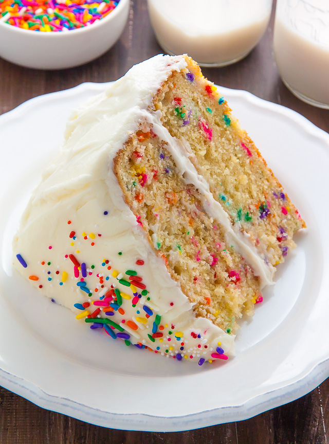 Two layers of brown butter funfetti cake slathered in homemade buttercream frosting! Heaven.