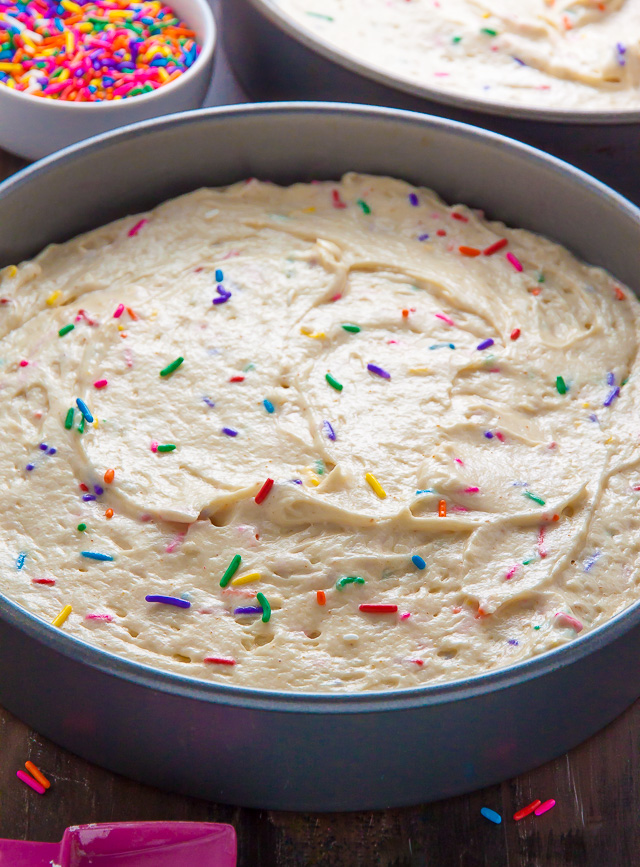 Two layers of brown butter funfetti cake slathered in homemade buttercream frosting! Heaven.