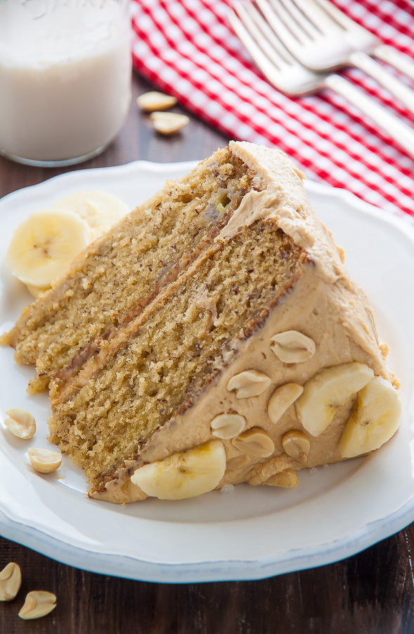 My favorite Banana Cake with Peanut Butter Frosting! A pop of honey and sea salt make it extra delicious.