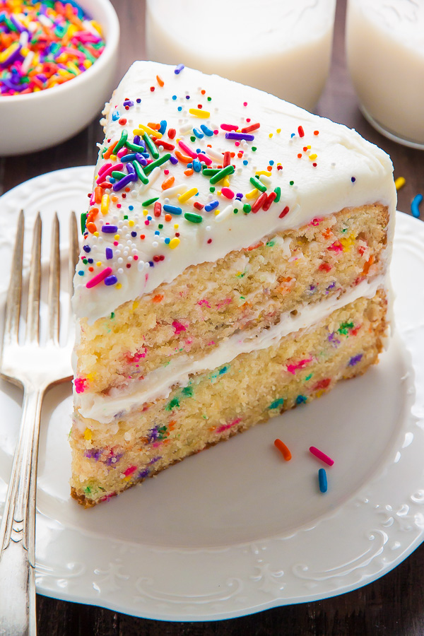 Two layers of brown butter funfetti cake slathered in homemade buttercream frosting! Heaven.