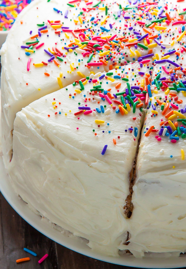 Two layers of brown butter funfetti cake slathered in homemade buttercream frosting! Heaven.