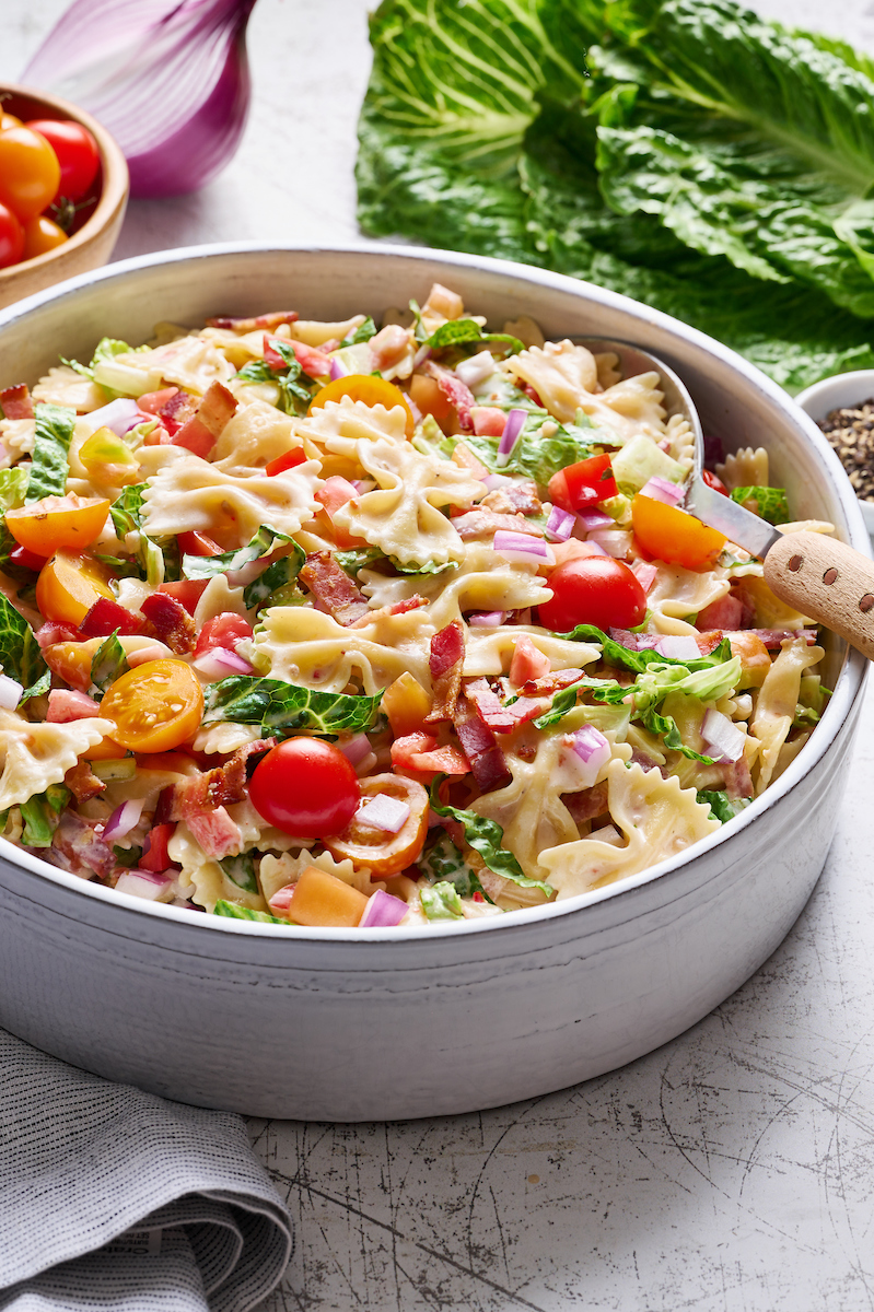 This 20 Minute BLT Pasta Salad is quick, easy, and a summertime staple in our house! Perfect for parties or potlucks. And easily adaptable!
