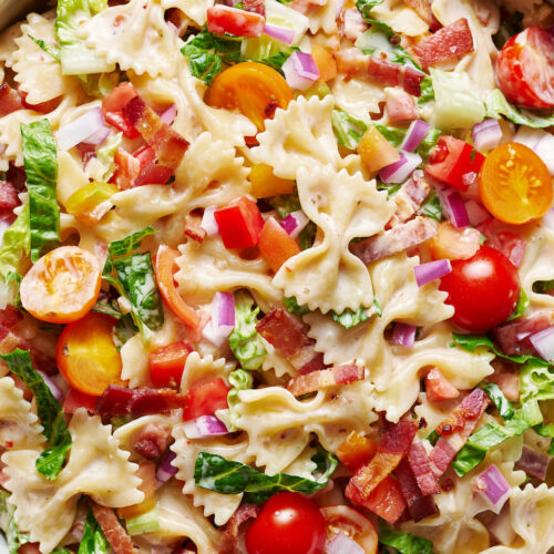 This 20 Minute BLT Pasta Salad is quick, easy, and a summertime staple in our house! Perfect for parties or potlucks. And easily adaptable!