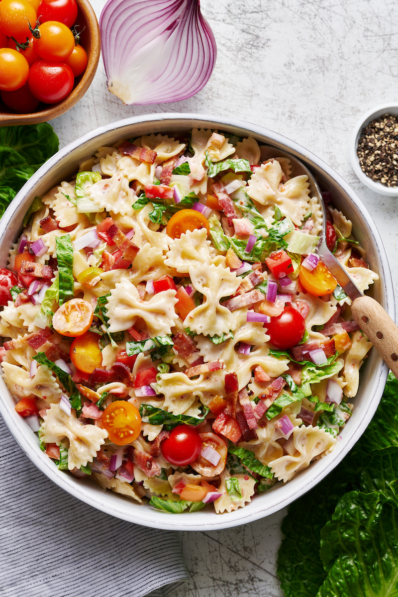 This 20 Minute BLT Pasta Salad is quick, easy, and a summertime staple in our house! Perfect for parties or potlucks. And easily adaptable! 