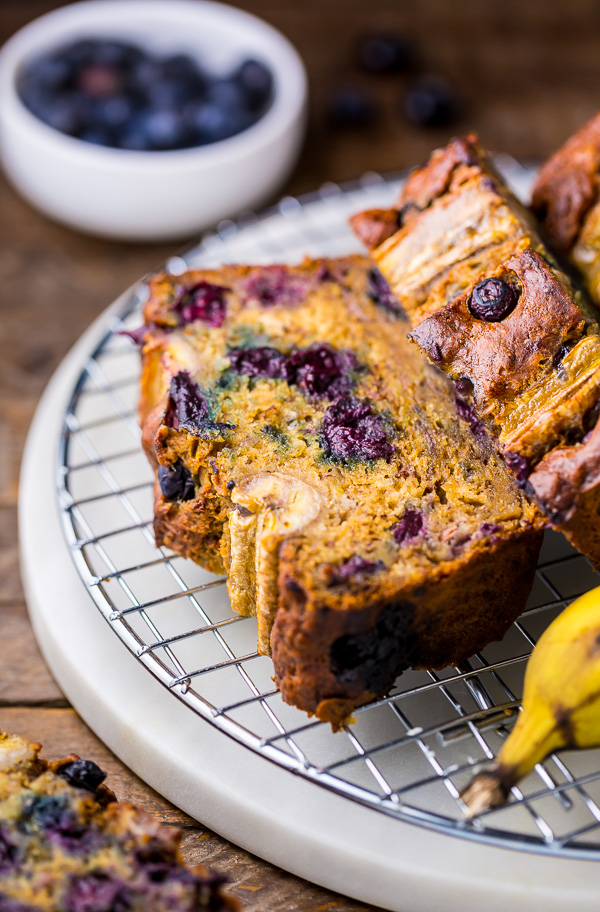 A slice of healthy blueberry banana bread. 