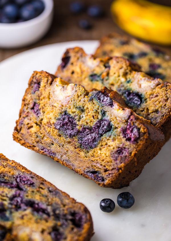 Whole wheat blueberry banana bread loaf. 