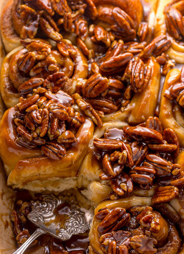 We're butter pecan fanatics, so it only seems fitting that one of our favorite "splurge" breakfast treats are Butter Pecan Cinnamon Buns! They're just like classic cinnamon rolls, but with a TONS of crunchy, gooey, chopped pecans on top. Perfect for Thanksgiving or Christmas morning!