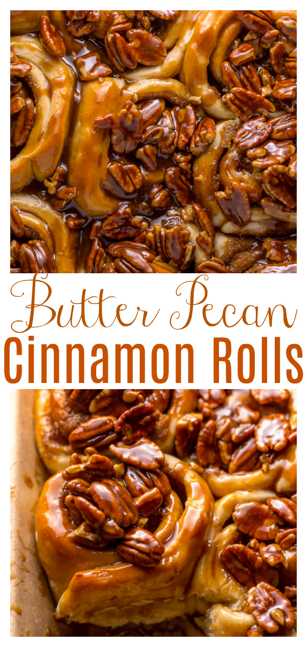 We're butter pecan fanatics, so it only seems fitting that one of our favorite "splurge" breakfast treats are Butter Pecan Cinnamon Buns! They're just like classic cinnamon rolls, but with a TONS of crunchy, gooey, chopped pecans on top. Perfect for Thanksgiving or Christmas morning!