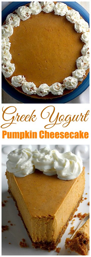 Creamy Greek Yogurt Pumpkin Cheesecake - each bite is silky smooth and loaded with pumpkin flavor!