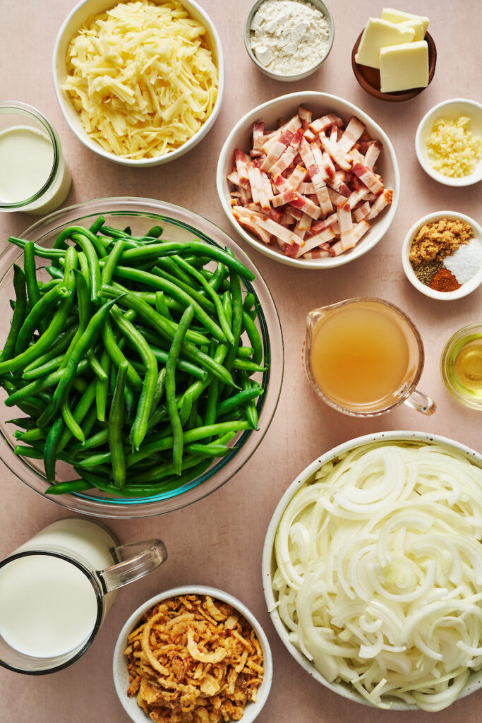 Ingredients for green bean casserole on a table.