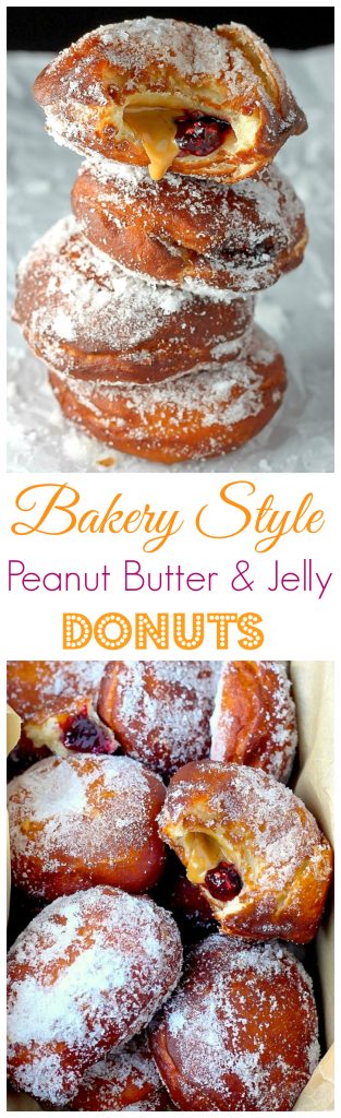 Bakery Style Peanut Butter and Jelly Doughnuts - Soft, fluffy, and stuffed with peanut butter and jelly - these bakery style doughnuts are a classic!