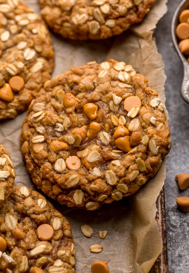 These delightfully soft and chewy oatmeal scotchies are exploding with oats and butterscotch chips! A touch of orange zest and a drizzle of molasses take this from a good recipe to a great recipe! No chilling required, so preheat your oven to 350 degrees and jump to the recipe!