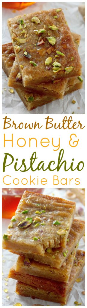 Thick and chewy Brown Butter Honey Pistachio Bars are perfect for holiday gifting! 