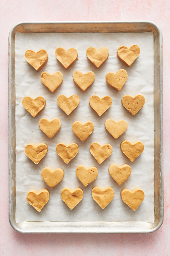 Dough cut into hearts Reese's peanut butter hearts. 