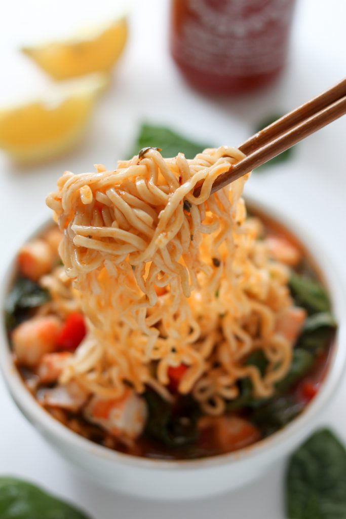 20-minute sriracha shrimp ramen 