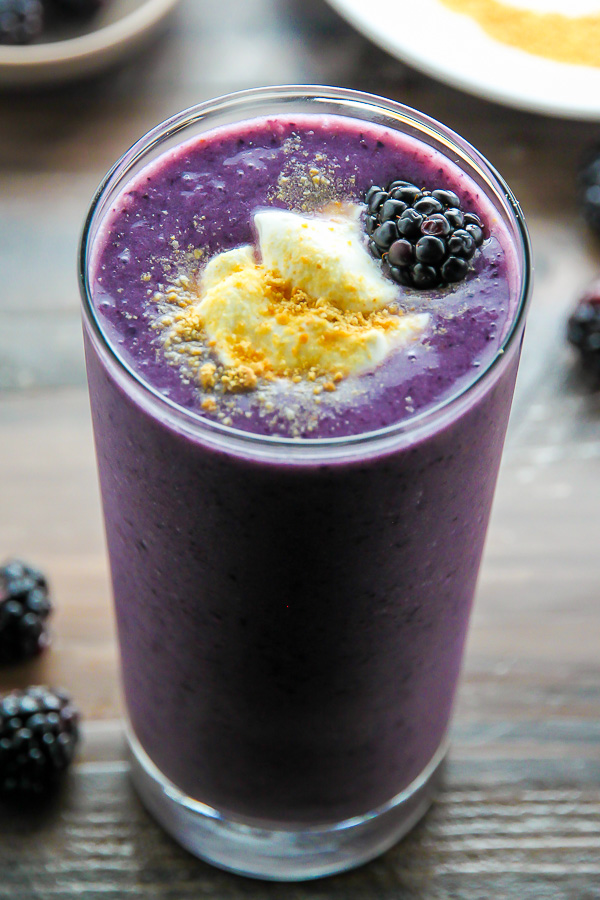 Loaded with blackberries, creamy yogurt, honey, and just a touch of cinnamon - this healthy, delicious smoothie tastes just like blackberry cobbler. One of my favorite smoothies ever!