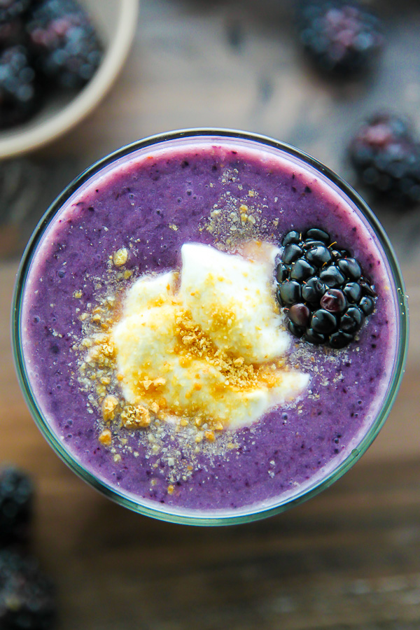 Loaded with blackberries, creamy yogurt, honey, and just a touch of cinnamon - this healthy, delicious smoothie tastes just like blackberry cobbler. One of my favorite smoothies ever!