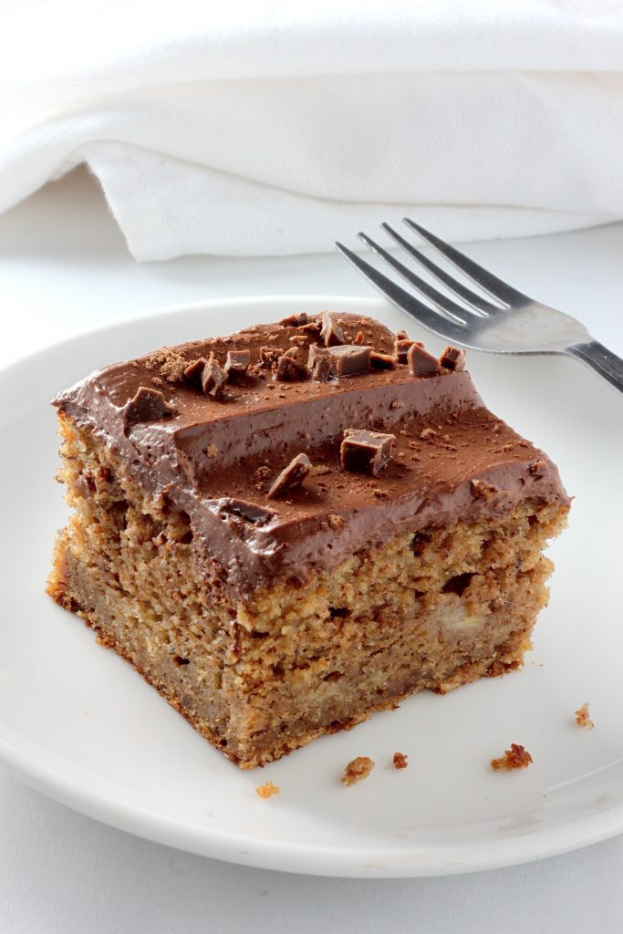 Healthy Whole Wheat Banana Cake with Creamy Greek Yogurt Chocolate Frosting