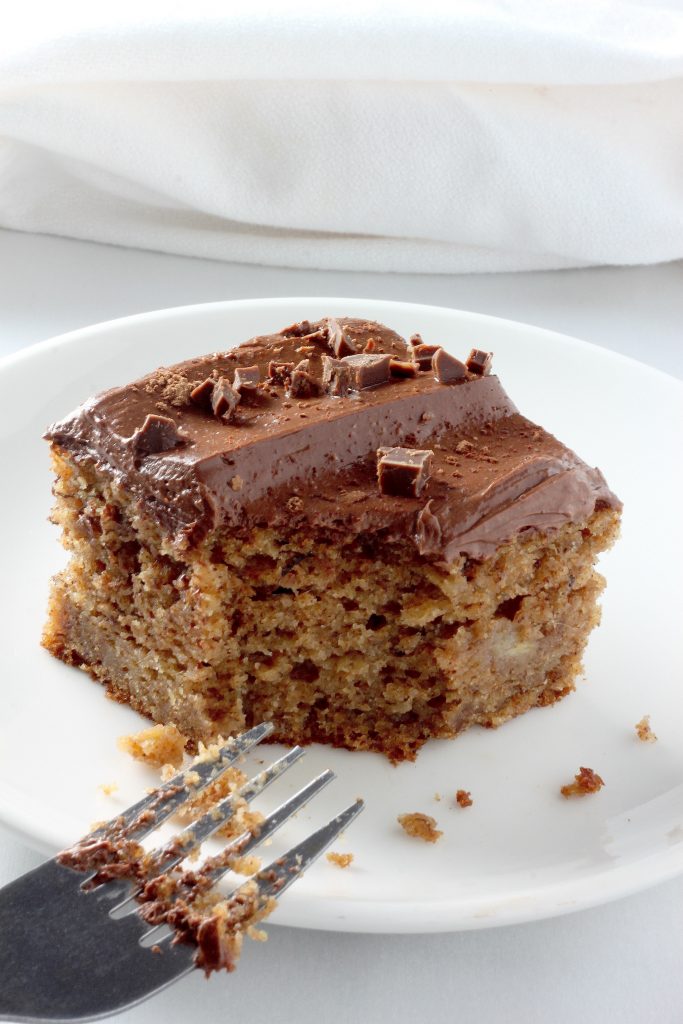 Healthy Whole Wheat Banana Cake with Creamy Greek Yogurt Chocolate Frosting