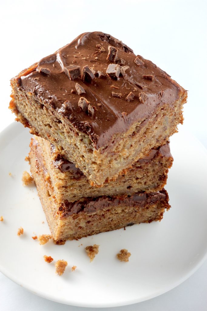 Healthy Whole Wheat Banana Cake with Creamy Greek Yogurt Chocolate Frosting