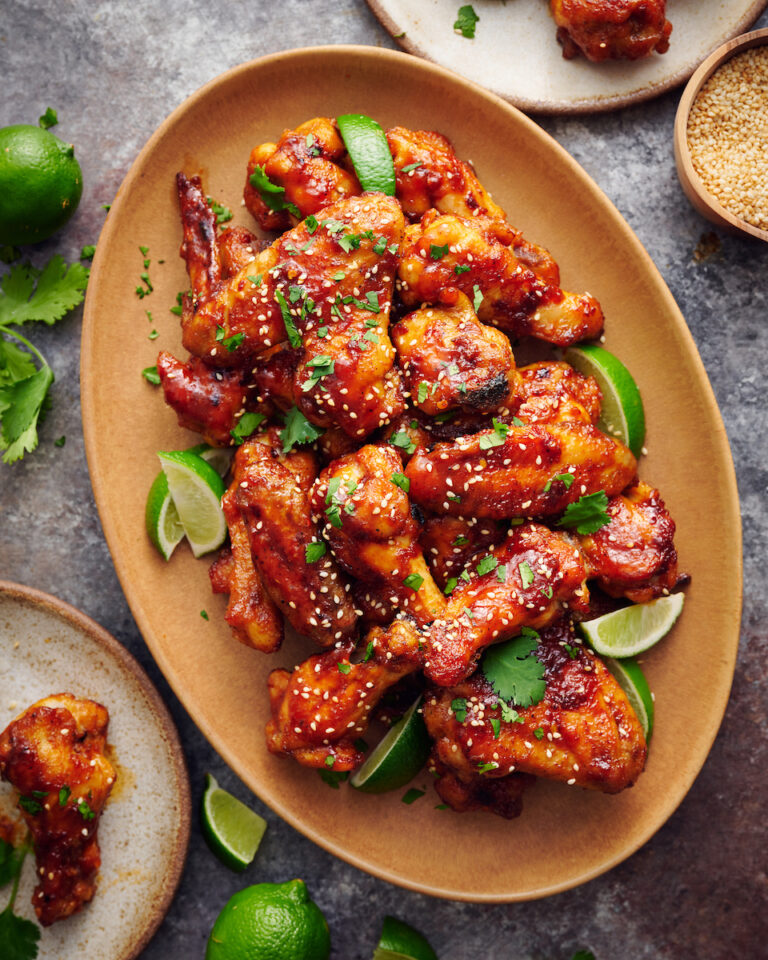 The Best Chicken Wings with Sweet Sriracha Sauce - Baker by Nature