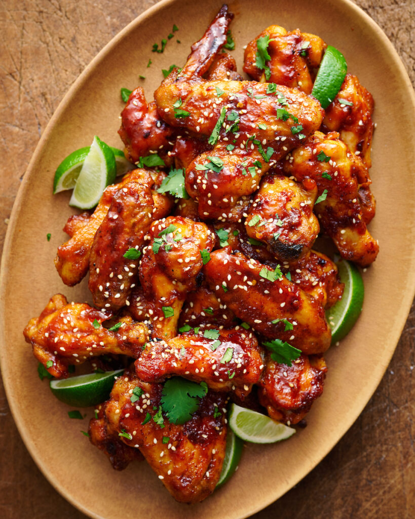 Sweet and Spicy Sriracha Chicken Wings on platter