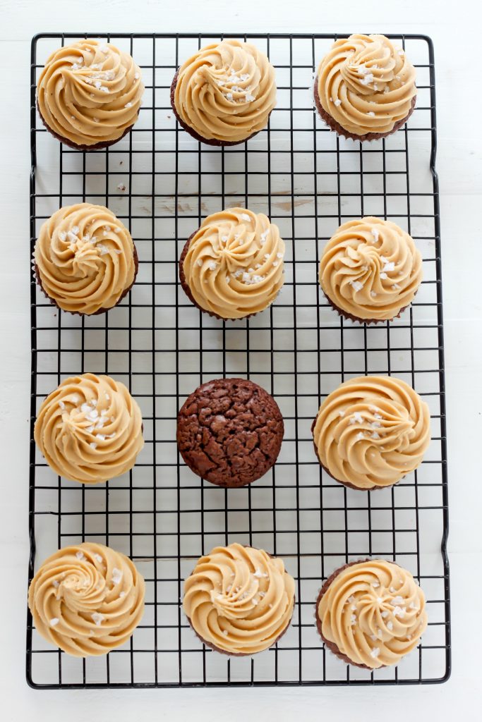 Dark Chocolate Brownie Cupcakes with Salted Caramel Frosting