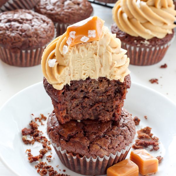 Dark Chocolate Brownie Cupcakes with Salted Caramel Frosting - Baker by ...