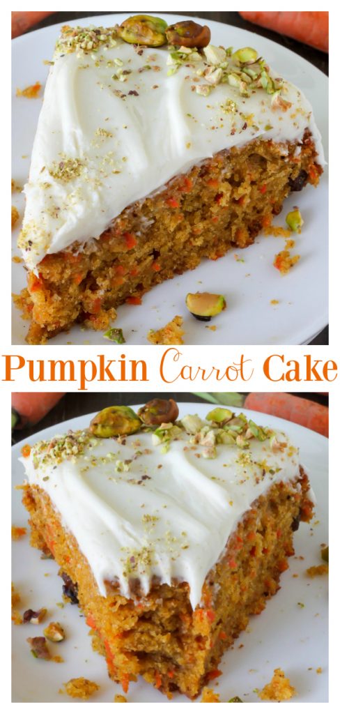 Insanely moist and flavorful Pumpkin Carrot Cake with Cream Cheese Frosting! Perfect for Easter celebrations! Top with crushed pistachios for an extra pretty presentation!