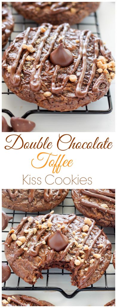 Double Chocolate Kiss Cookies - Thick and Chewy Double Chocolate Cookies are topped with a chocolate drizzle, toffee bits, and a chocolate kiss! A chocolate lovers dream.