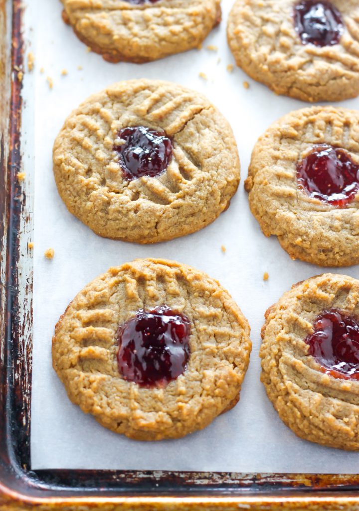 Flourless Peanut Butter and Jelly Thumbprint Cookies