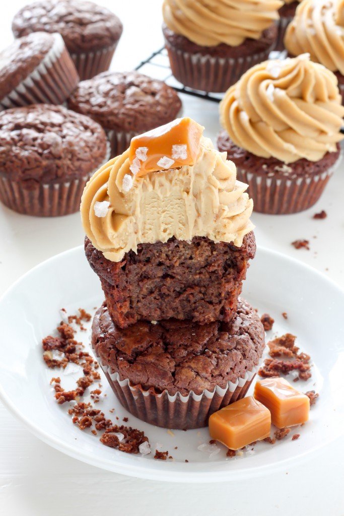 Dark Chocolate Brownie Cupcakes with Salted Caramel Frosting