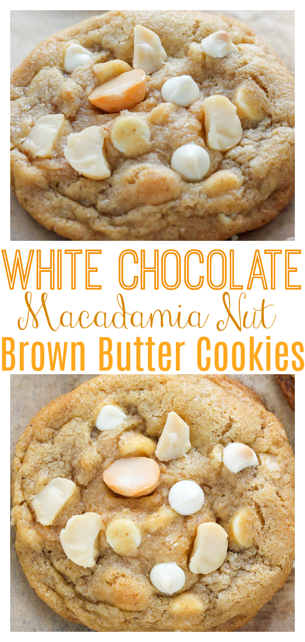 The only thing better than regular white chocolate macadamia nut cookies is BROWN BUTTER White Chocolate Macadamia Nut Cookies! They're thick, chewy, and so flavorful thanks to the brown butter addition. Loaded with creamy white chocolate and crunchy macadamia nuts, these are a classic!