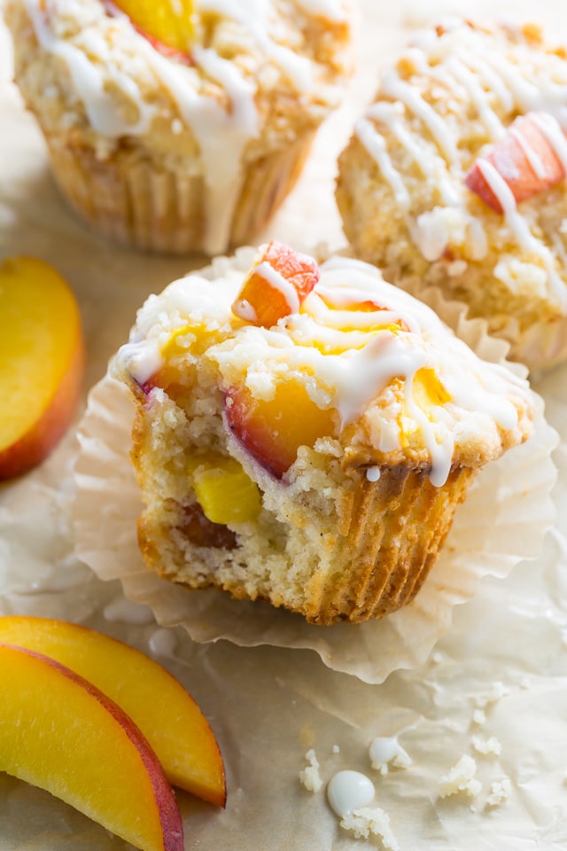 These moist and fluffy Peaches and Cream Muffins are sure to make you weak at the knees!