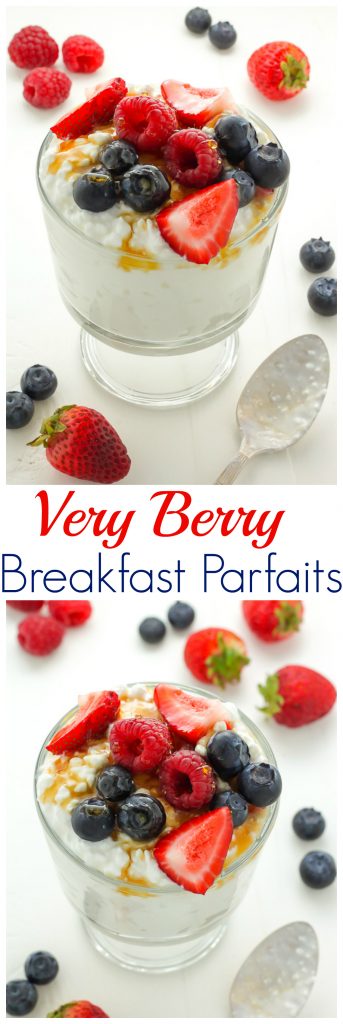 Very Berry Breakfast Parfaits - Creamy Honey and Cinnamon Swirled Breakfast Parfaits are topped with a trio of fresh berries! The best part? This healthy and delicious protein-packed treat is ready in 5 minutes!