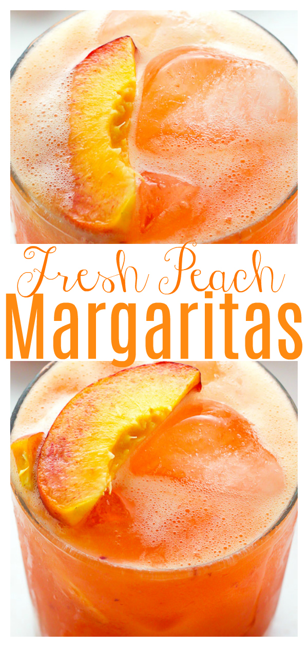 Fun and fruity Fresh Peach Margaritas!!! Made with fresh peach puree, orange juice, and lime juice. They're so refreshing and the perfect Summer cocktail!