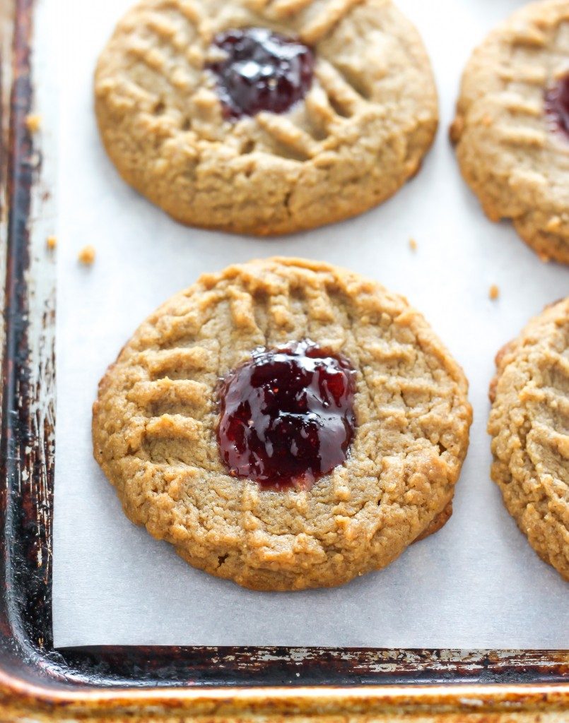 Flourless Peanut Butter and Jelly Thumbprint Cookies 