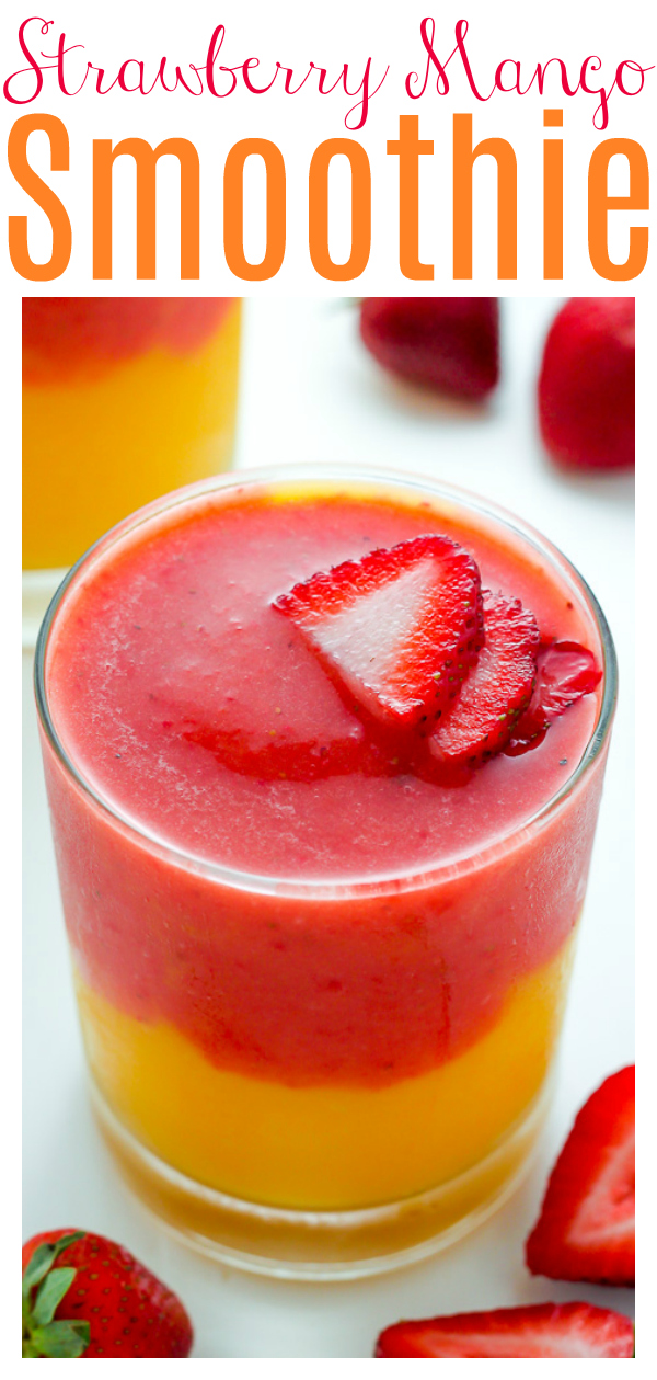 Fruit smoothie purists, this Strawberry Mango Smoothie is for you! This refreshing drink is made up of frozen strawberries, chunks of sweet mango, fresh squeezed orange juice, and a splash of water. So refreshing!